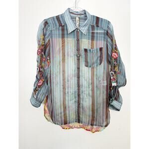 Aratta Silent Journey Shirt Womens XS Sheer Embroidered Floral Button Front Boho